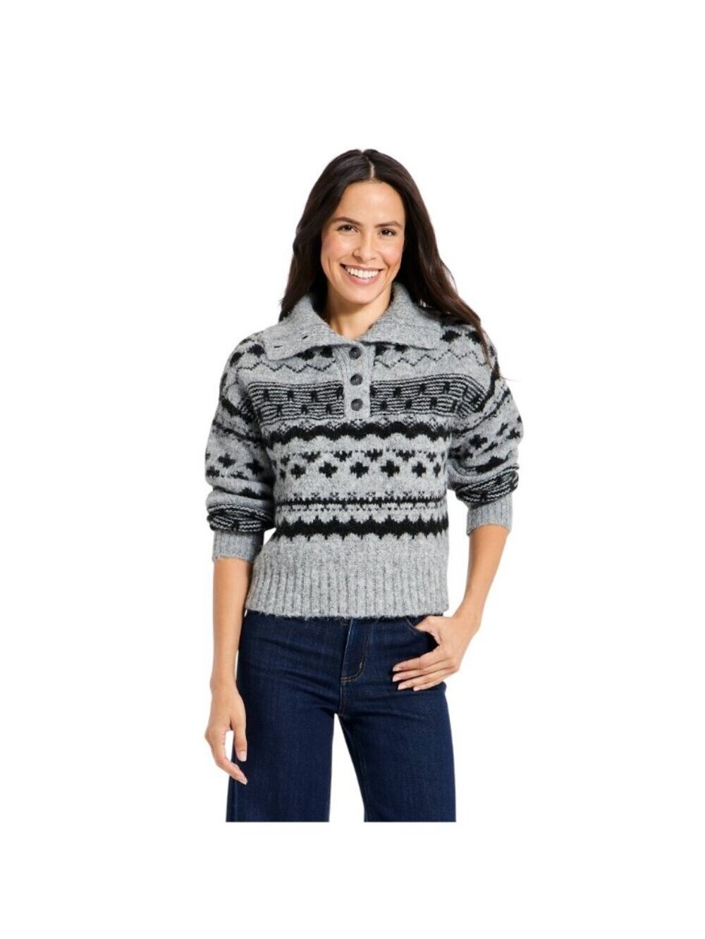 NEW Universal Thread Isle Henley Shawl Collar Jacquard Knit Sweater Dark Gray L
